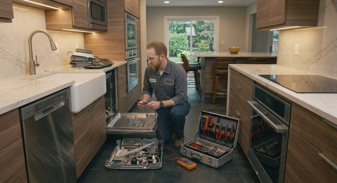 Mitch metering a dishwasher control board on a galley-kitchen floor