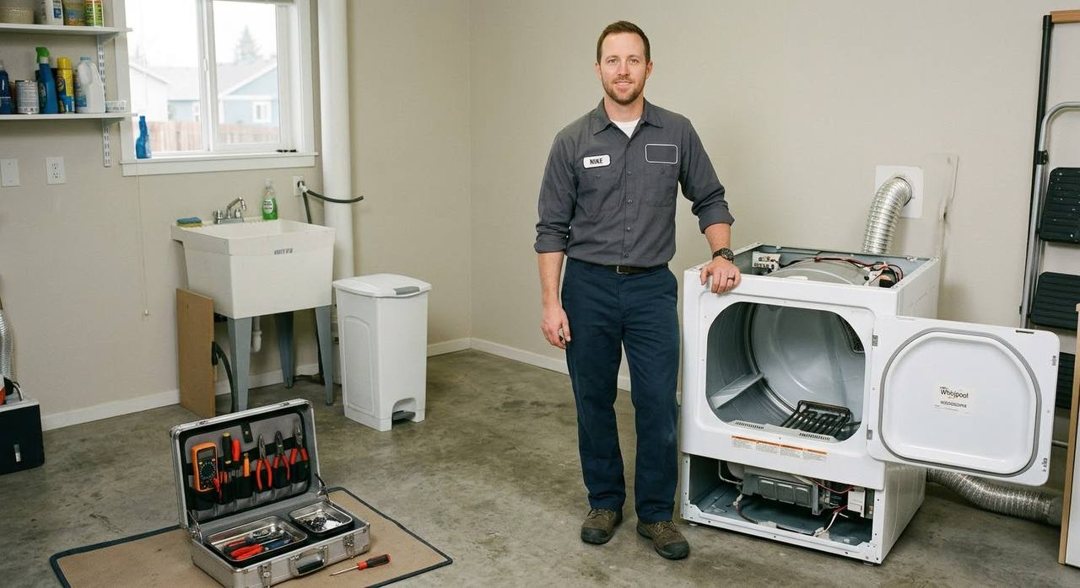 Mitch beside a Whirlpool dryer opened for a heating-element check in a garage laundry