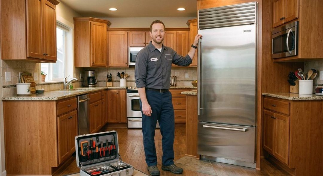 Mitch at a built-in stainless refrigerator in a cherry-cabinet kitchen