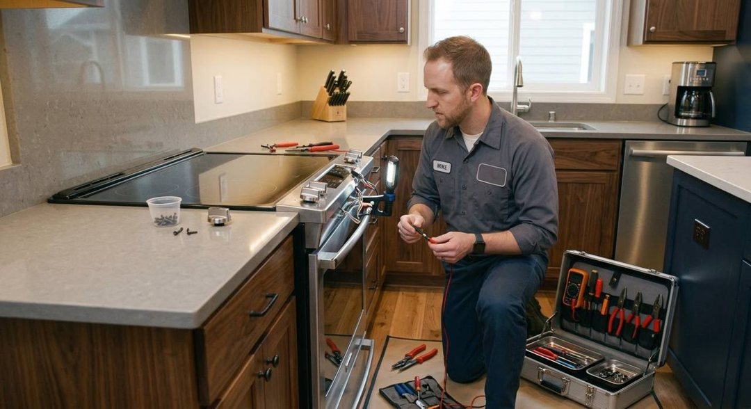 Mitch tracing the control wiring on a slide-in electric range