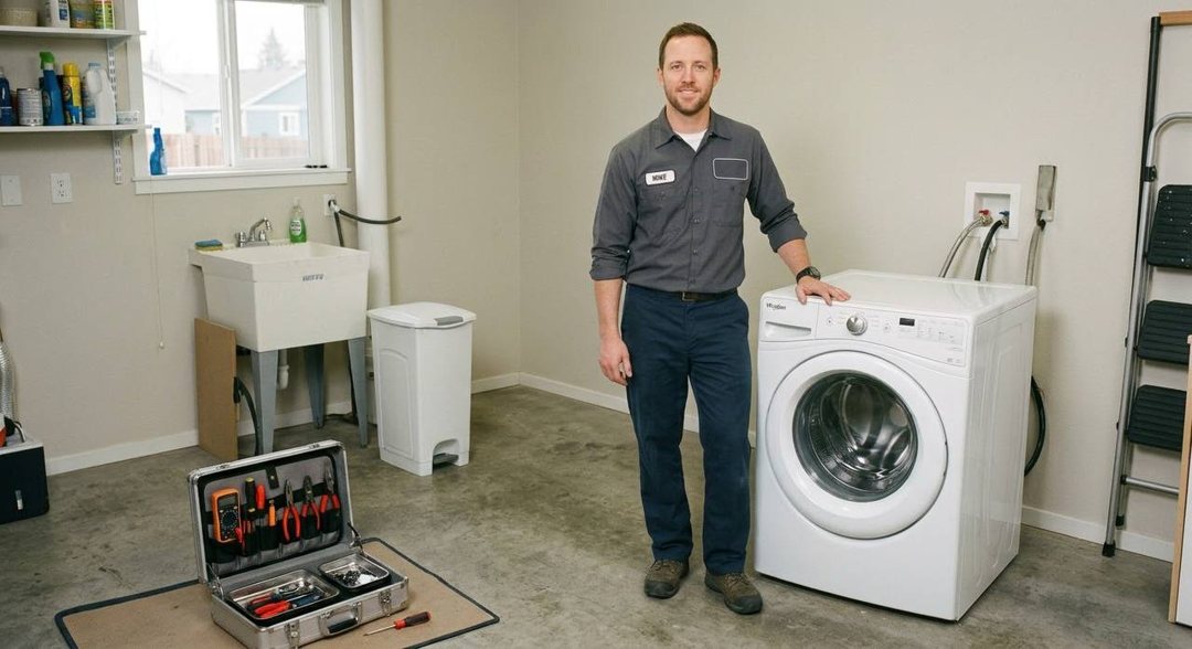 Mitch with a front-load washer in a garage laundry room after a drain-pump service